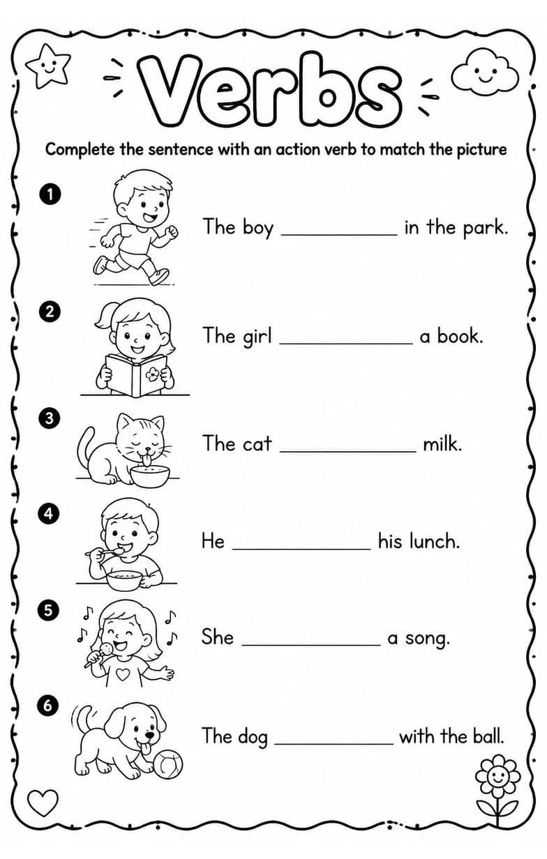 Complete the sentence with an action verb to match the picture — free printable Grammar and mechanics English worksheet