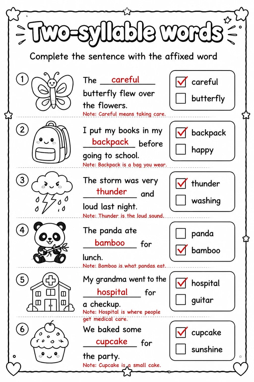 Answer key for Complete the sentence with the affixed word — free printable English & Reading worksheet