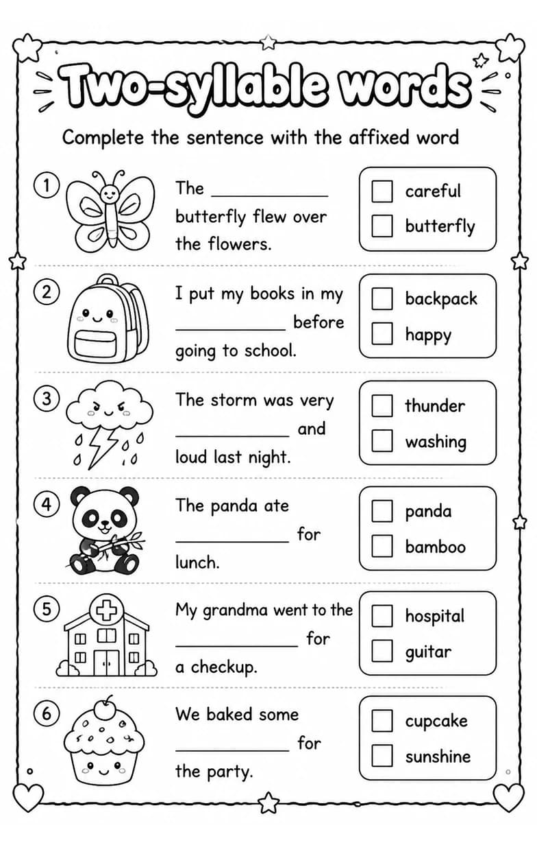 Complete the sentence with the affixed word — free printable Grade 2 English & Reading worksheet