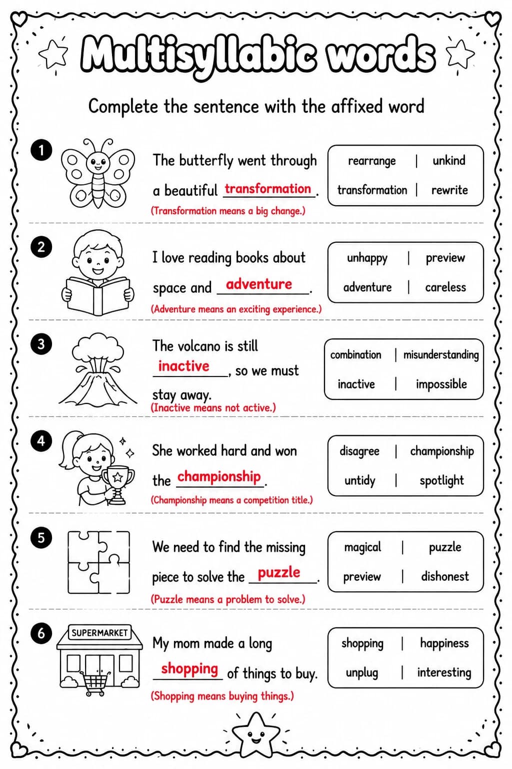 Answer key for Complete the sentence with the affixed word — free printable English & Reading worksheet