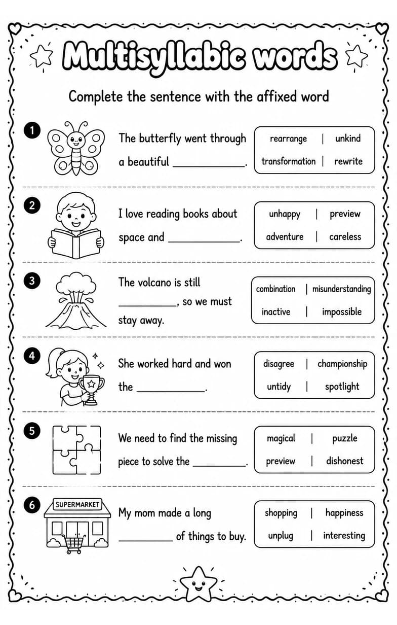Complete the sentence with the affixed word — free printable Grade 3 English & Reading worksheet