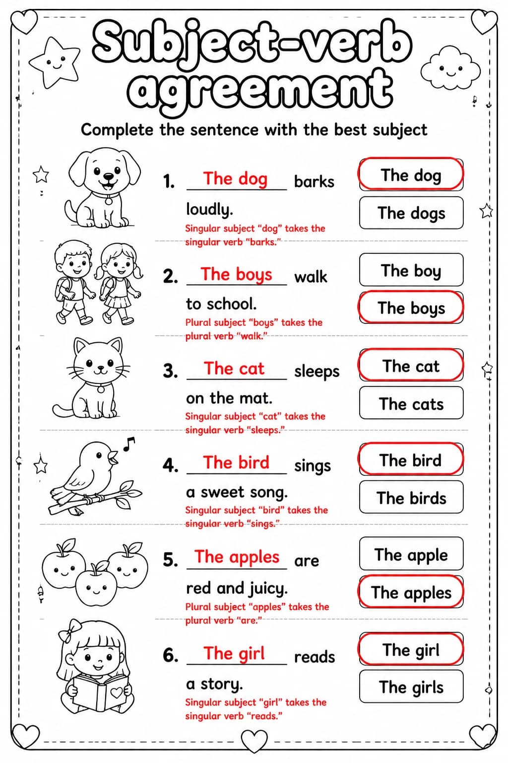 Answer key for Complete the sentence with the best subject — free printable English & Reading worksheet