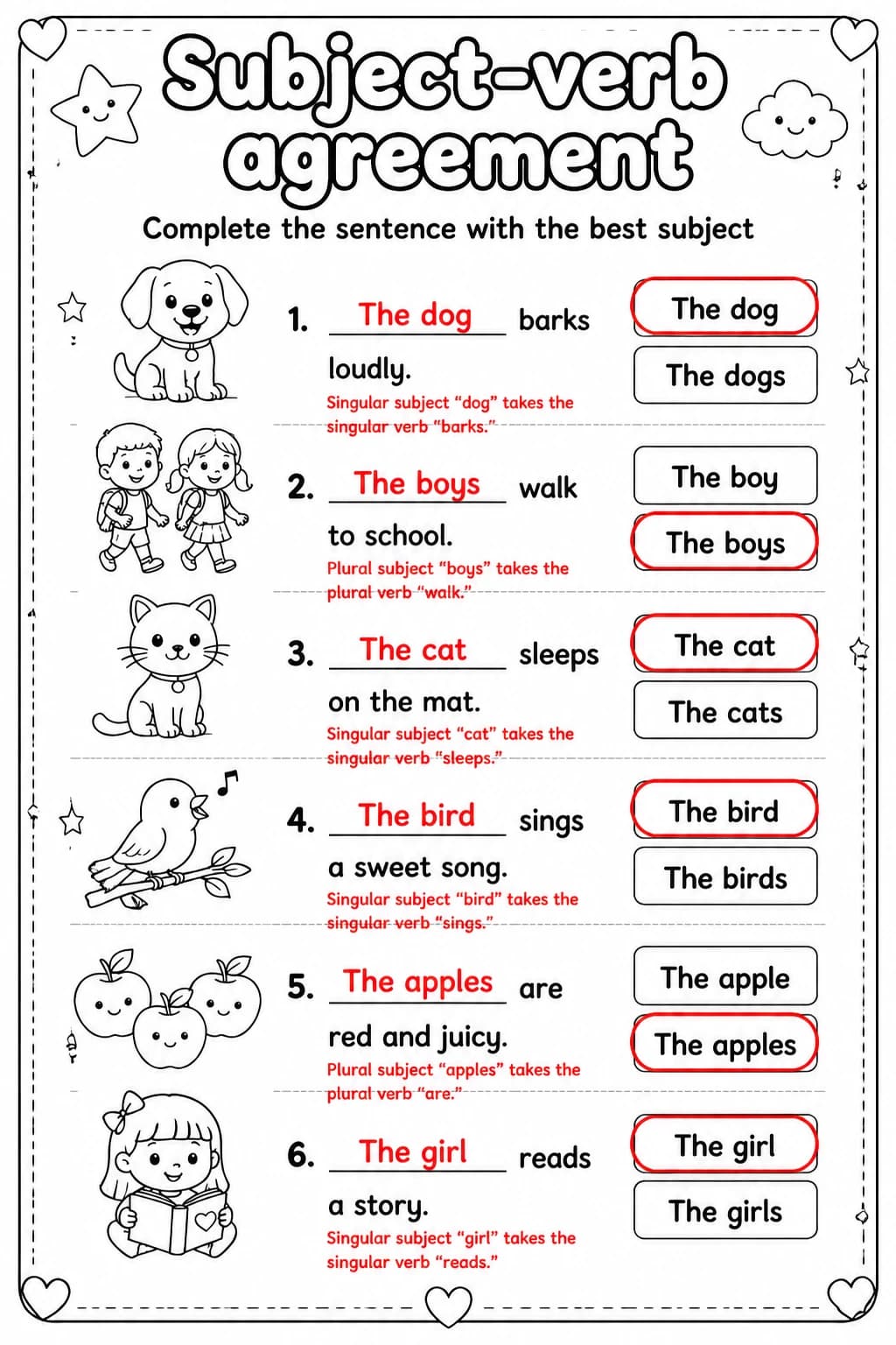 Answer key for Complete the sentence with the best subject — free printable English & Reading worksheet