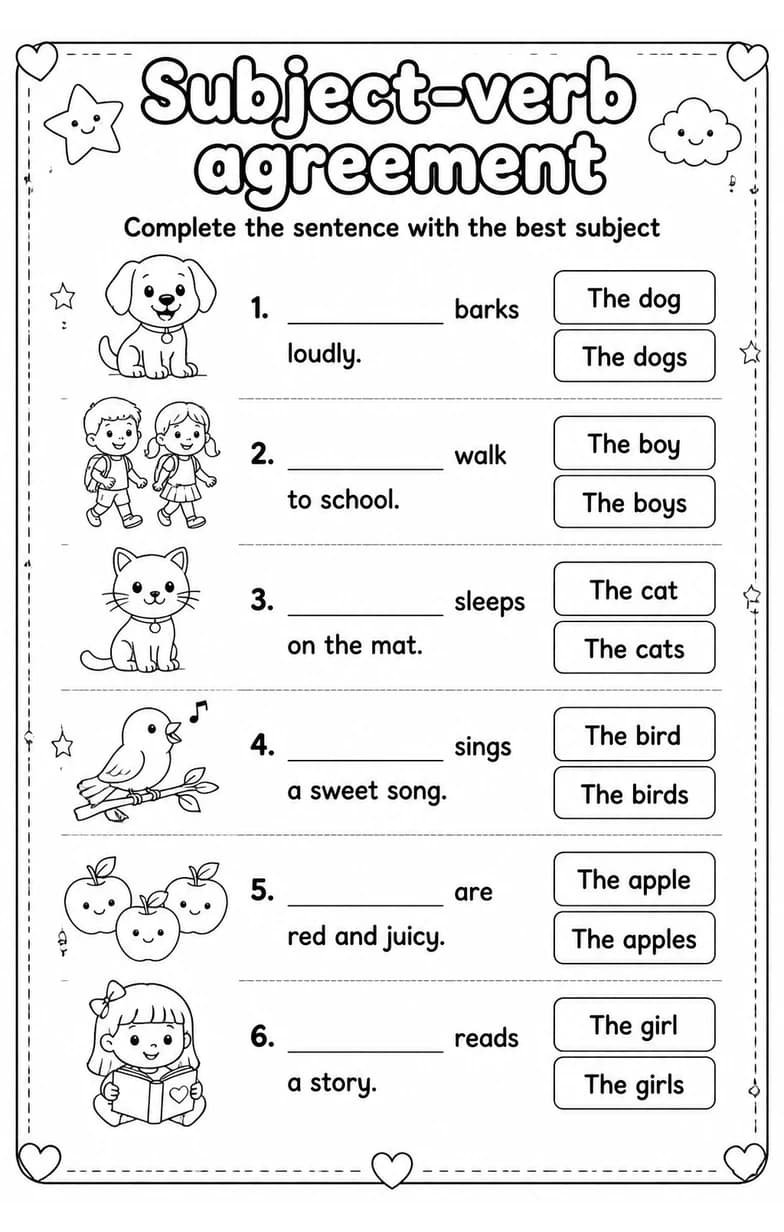 Complete the sentence with the best subject — free printable Grade 1 English & Reading worksheet
