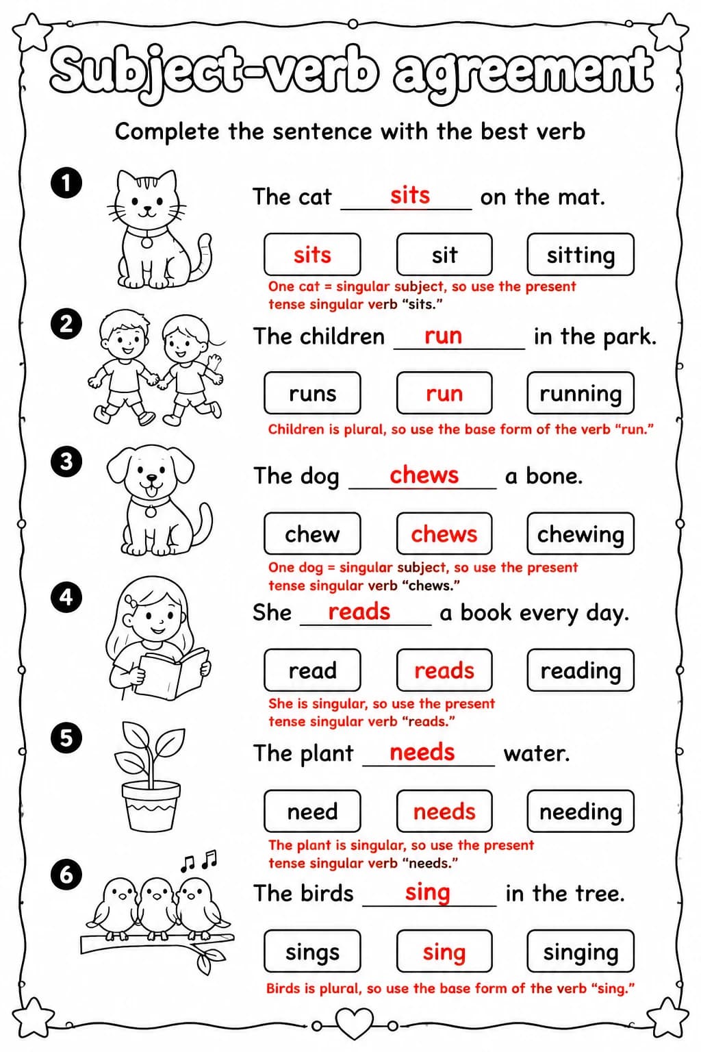 Answer key for Complete the sentence with the best verb — free printable English & Reading worksheet