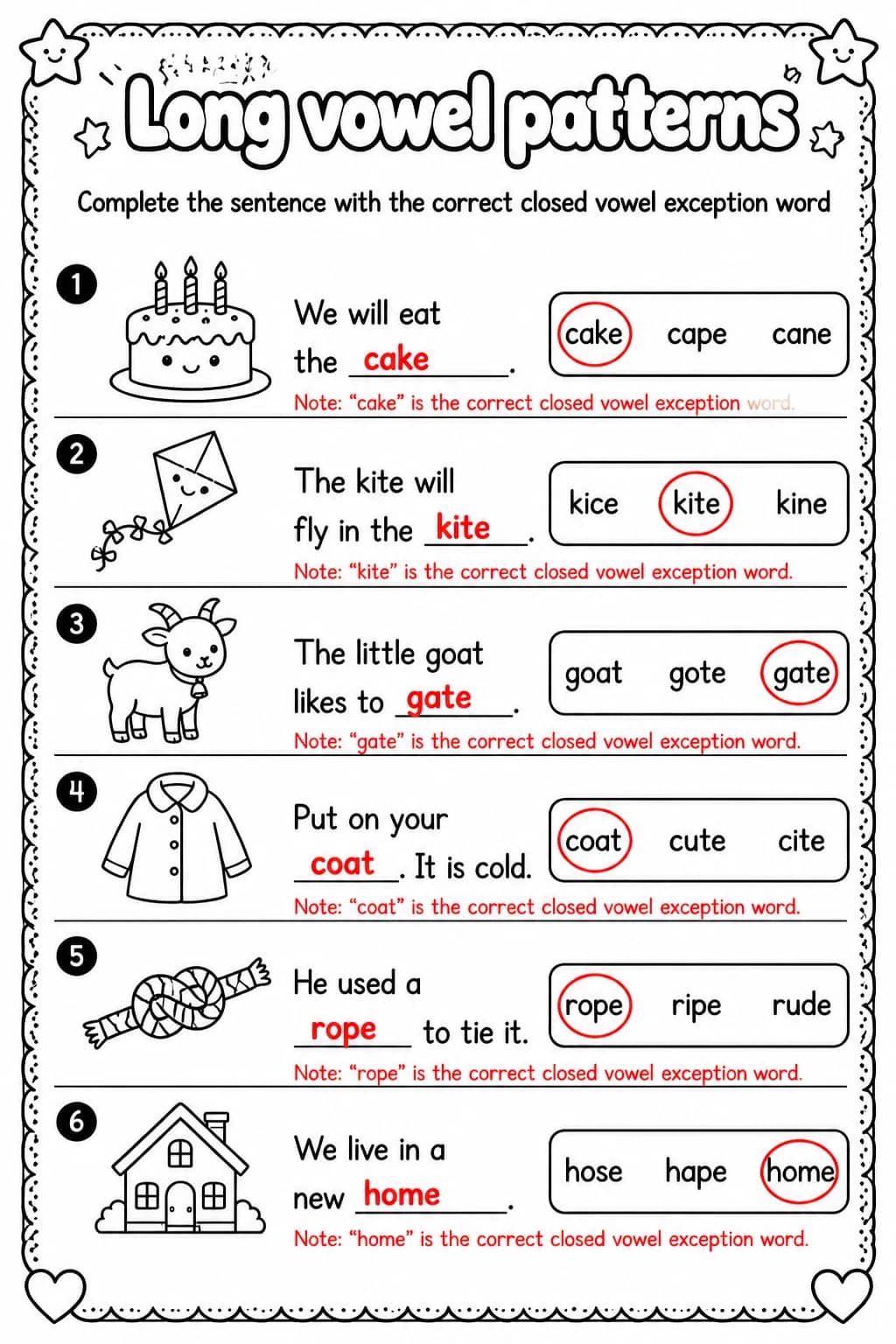 Answer key for Complete the sentence with the correct closed vowel exception word — free printable English & Reading worksheet