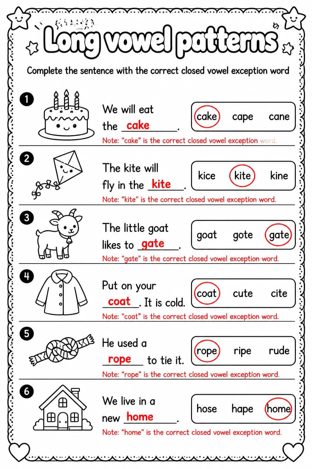 Answer key for Complete the sentence with the correct closed vowel exception word — free printable English & Reading worksheet