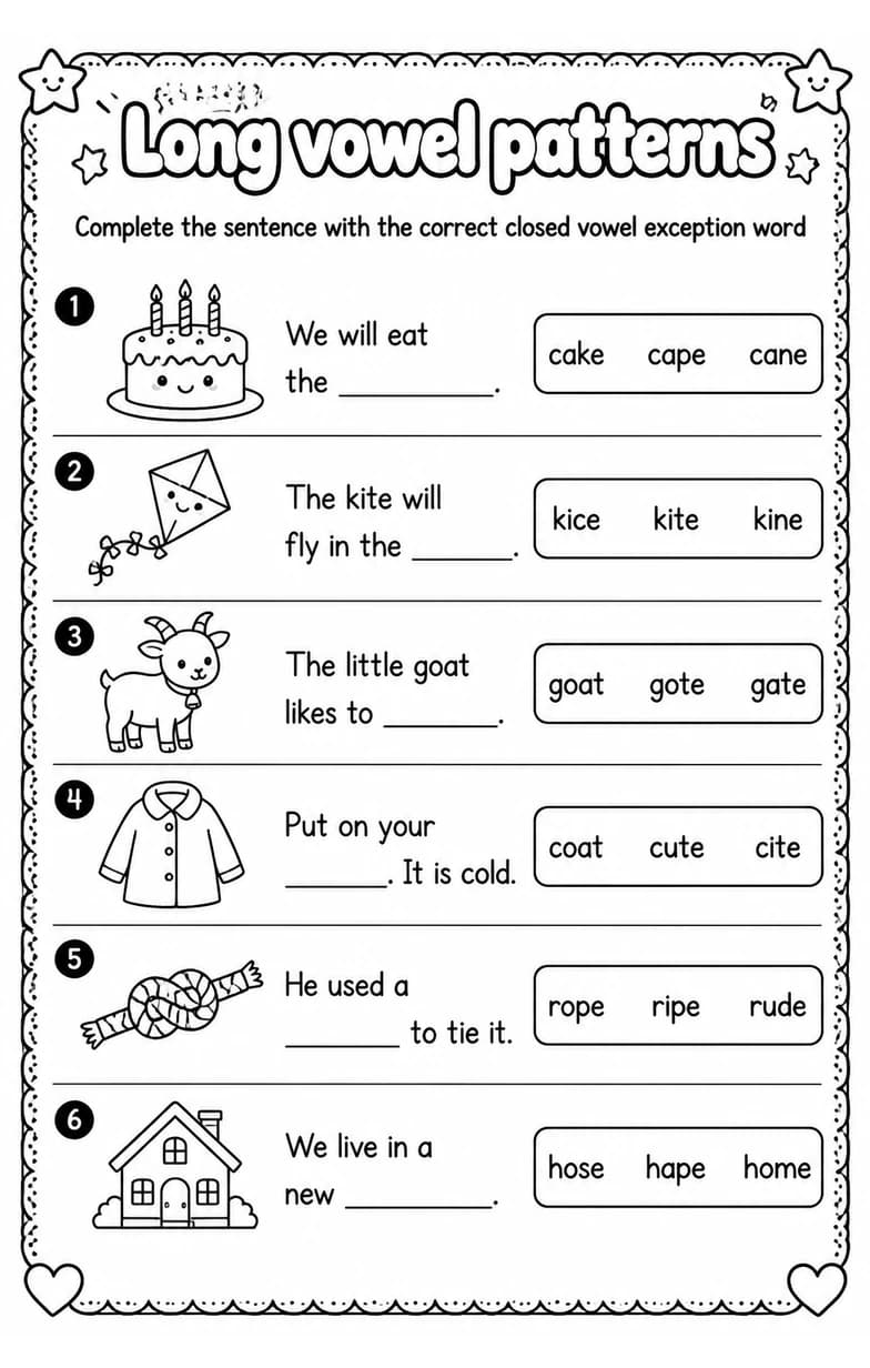 Complete the sentence with the correct closed vowel exception word — free printable Reading foundations English worksheet