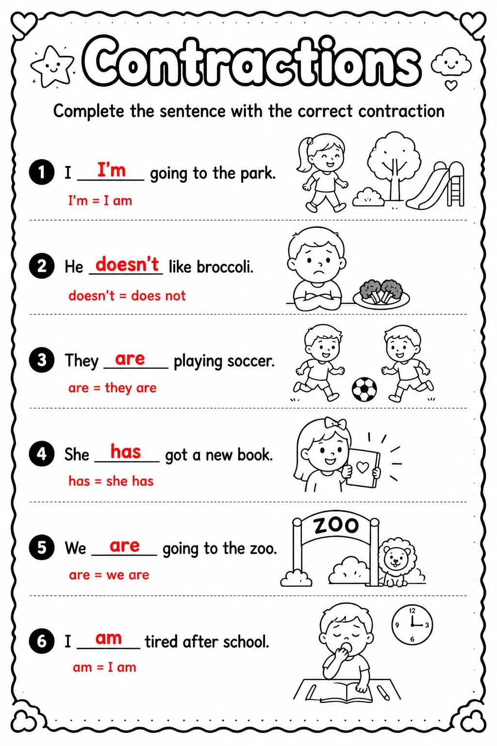 Answer key for Complete the sentence with the correct contraction — free printable English & Reading worksheet