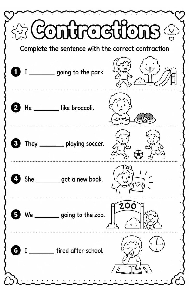 Complete the sentence with the correct contraction — free printable Grammar and mechanics English worksheet