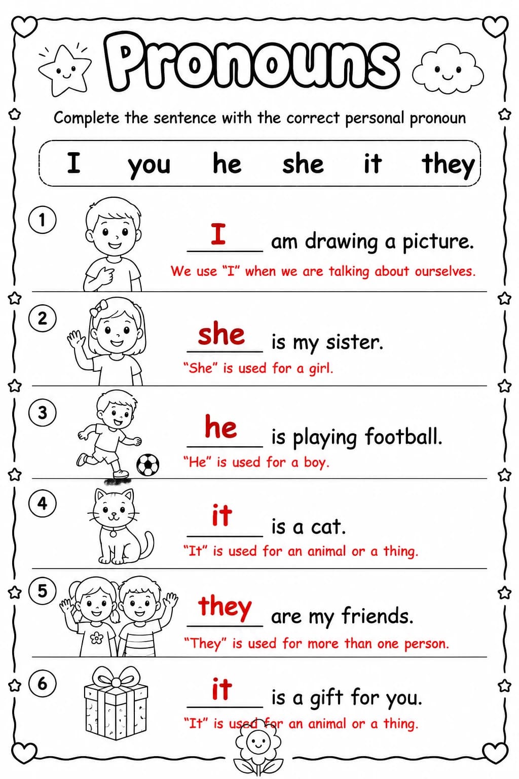 Answer key for Complete the sentence with the correct personal pronoun — free printable English & Reading worksheet