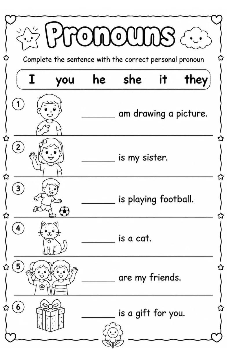 Complete the sentence with the correct personal pronoun — free printable Grammar and mechanics English worksheet