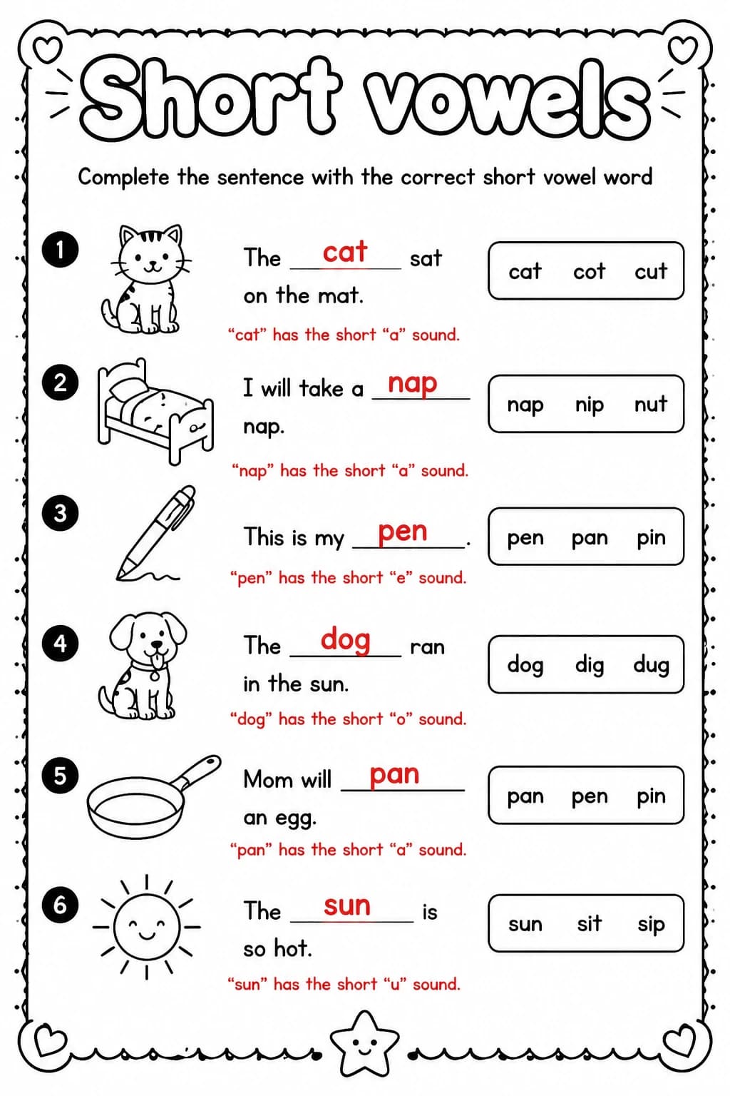 Answer key for Complete the sentence with the correct short vowel word — free printable English & Reading worksheet