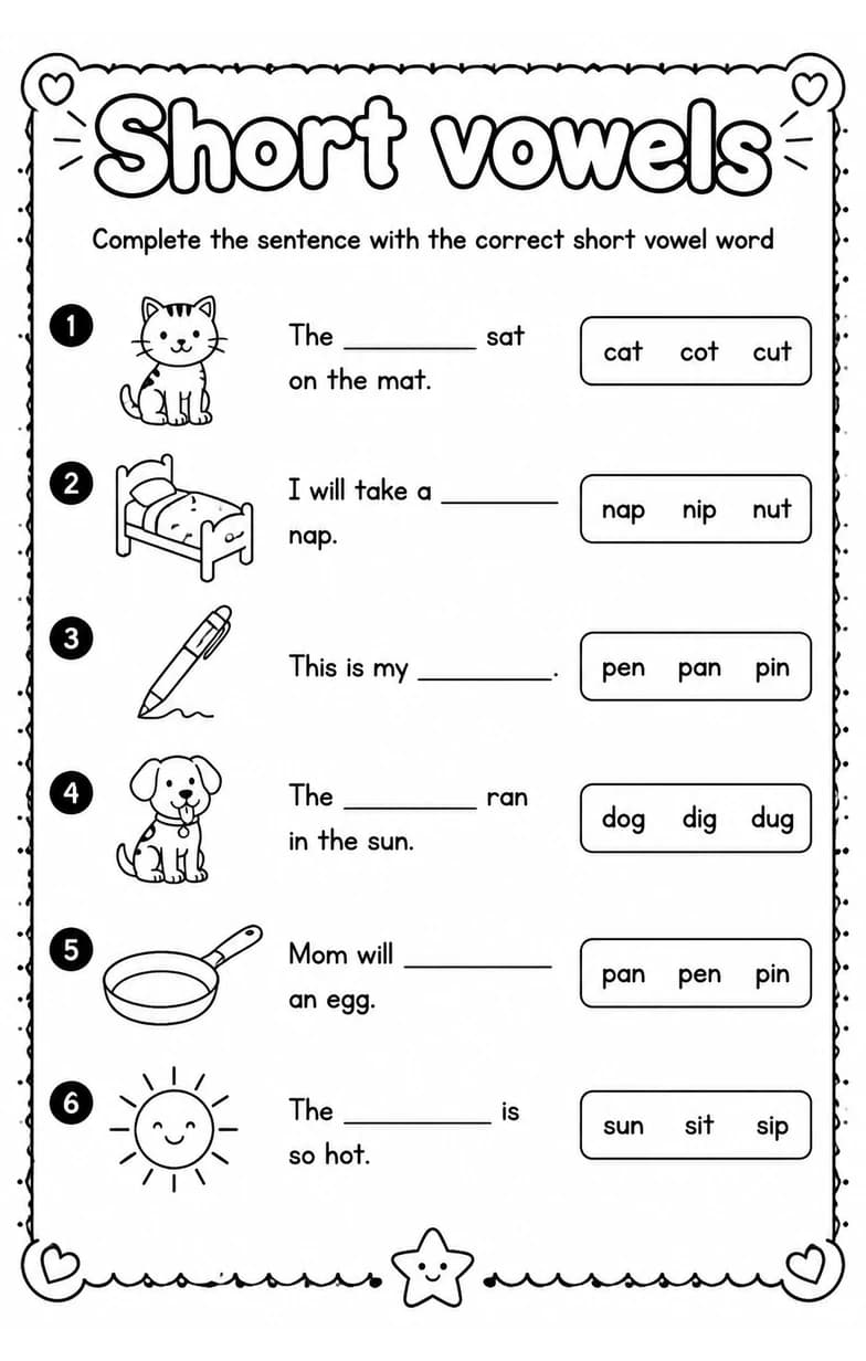 Complete the sentence with the correct short vowel word — free printable Grade 1 English & Reading worksheet