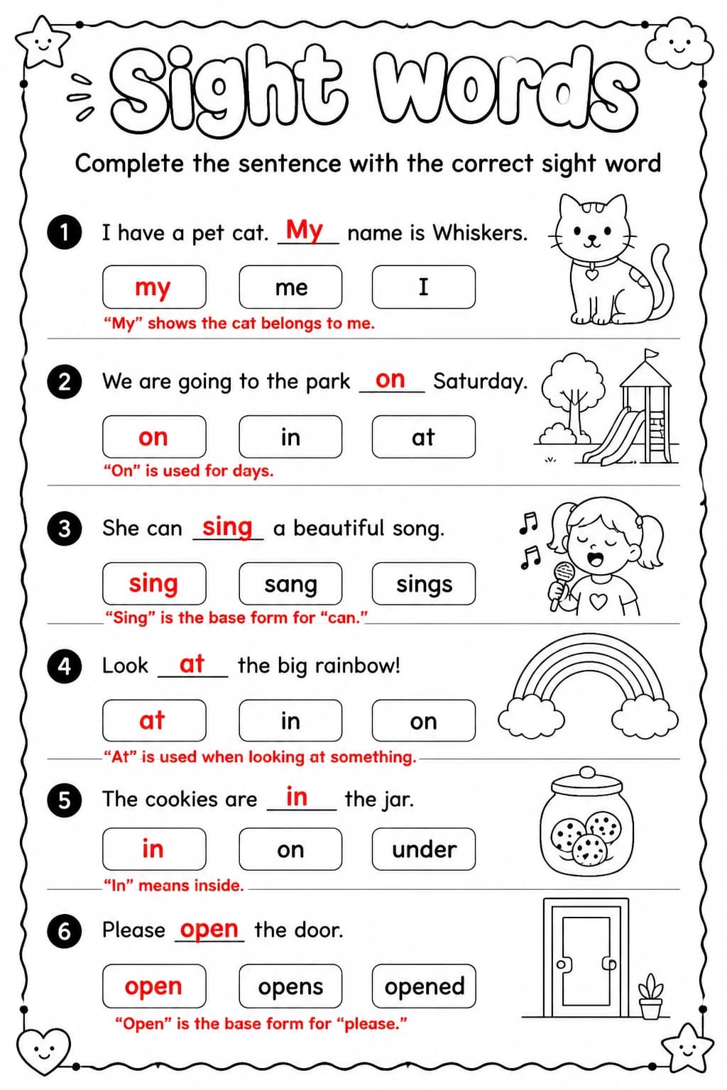 Answer key for Complete the sentence with the correct sight word — free printable English & Reading worksheet