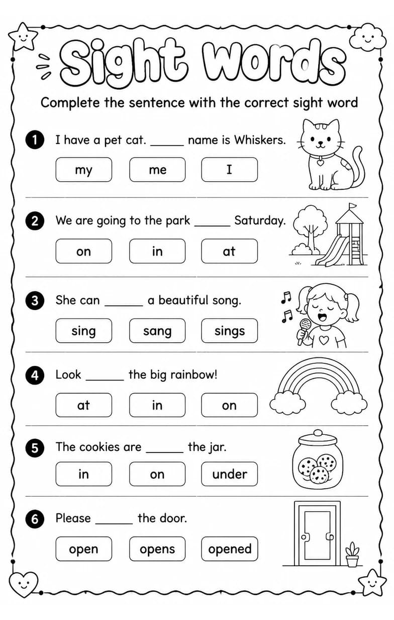 Complete the sentence with the correct sight word — free printable Reading foundations English worksheet