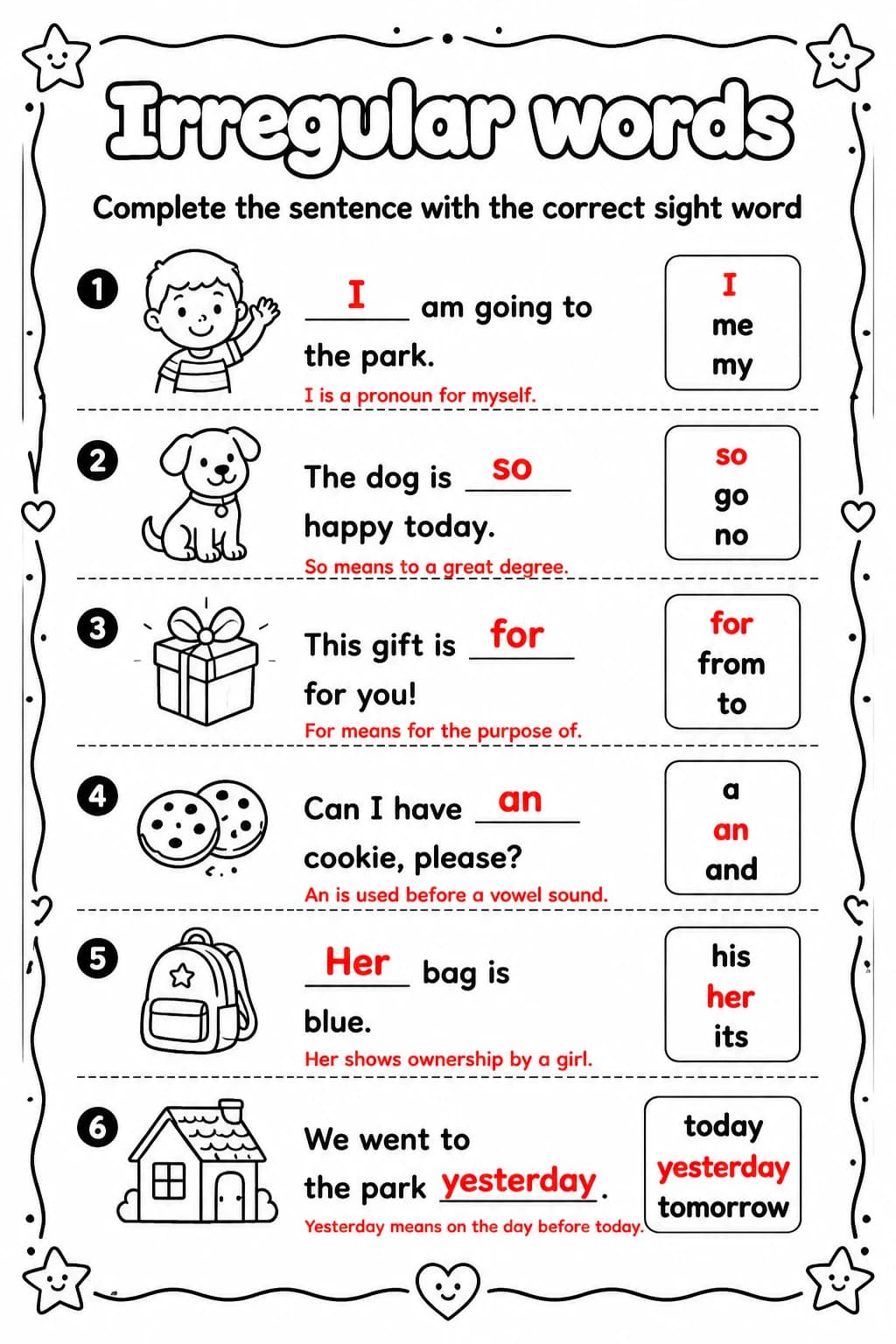 Answer key for Complete the sentence with the correct sight word — free printable English & Reading worksheet