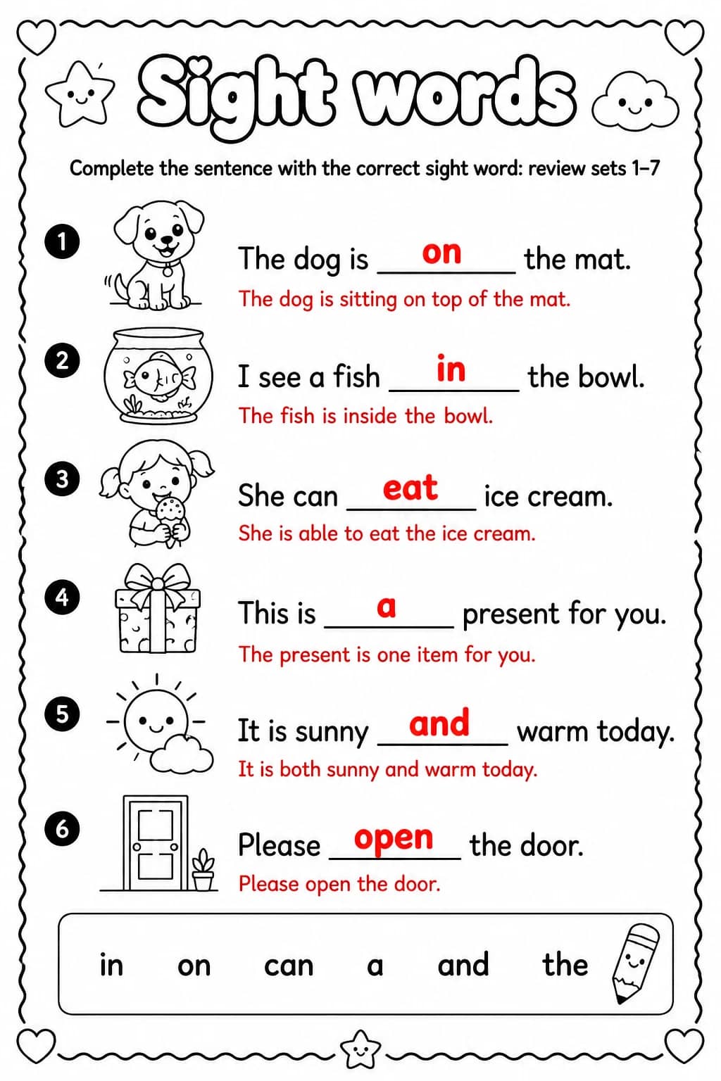 Answer key for Complete the sentence with the correct sight word: review sets 1–7 — free printable English & Reading worksheet