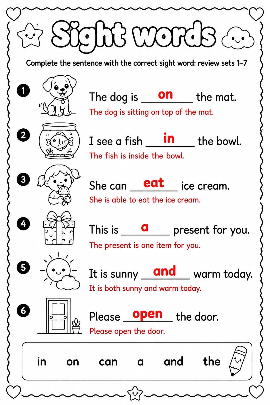 Answer key for Complete the sentence with the correct sight word: review sets 1–7 — free printable English & Reading worksheet