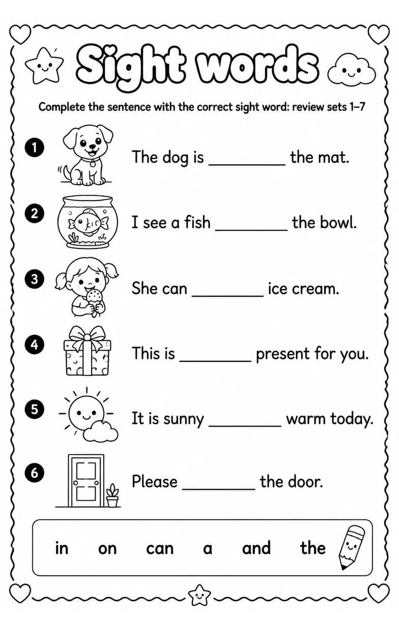 Complete the sentence with the correct sight word: review sets 1–7 — free printable Reading foundations English worksheet