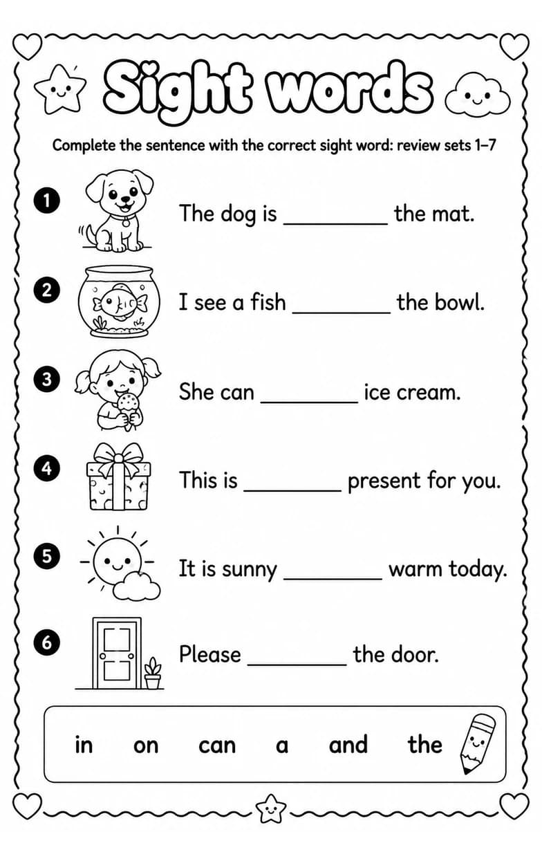 Complete the sentence with the correct sight word: review sets 1–7 — free printable Grade 1 English & Reading worksheet