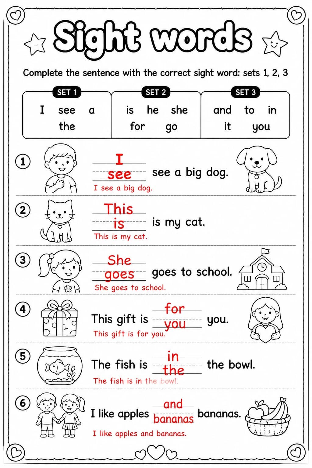 Answer key for Complete the sentence with the correct sight word: sets 1, 2, 3 — free printable English & Reading worksheet