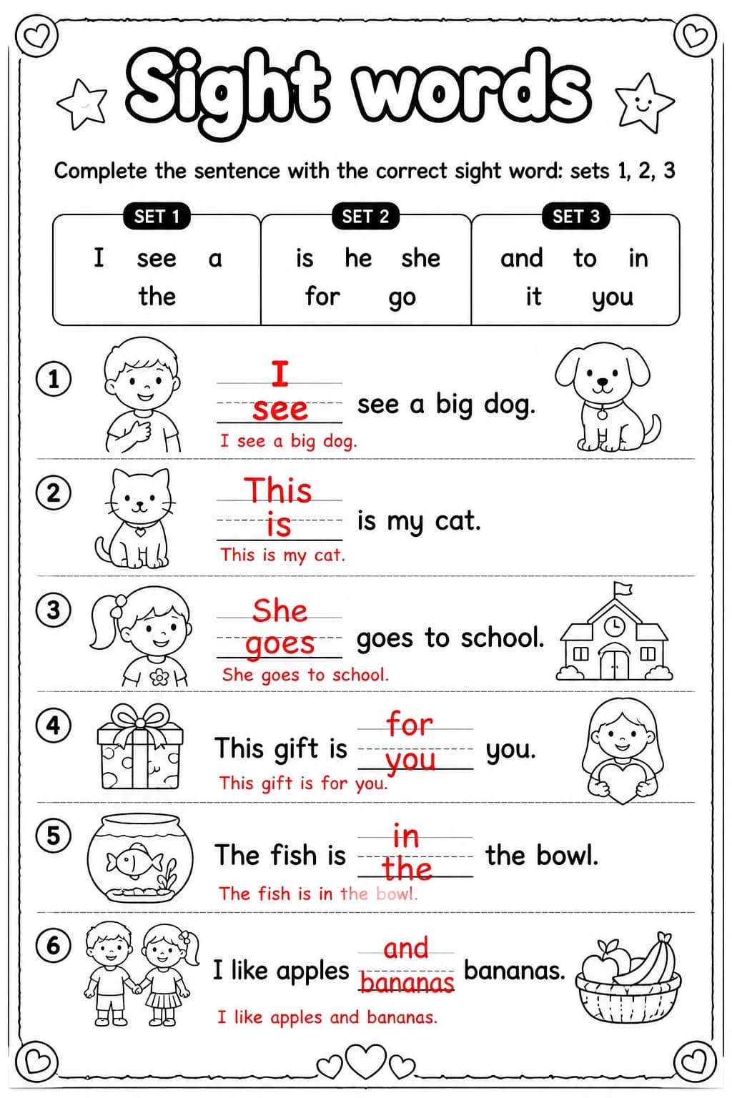 Answer key for Complete the sentence with the correct sight word: sets 1, 2, 3 — free printable English & Reading worksheet