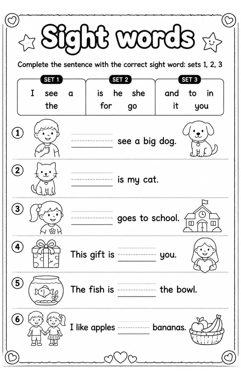 Complete the sentence with the correct sight word: sets 1, 2, 3 — free printable Reading foundations English worksheet