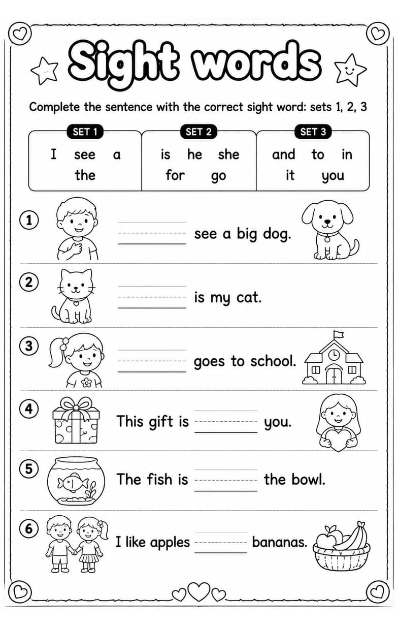 Complete the sentence with the correct sight word: sets 1, 2, 3 — free printable Reading foundations English worksheet