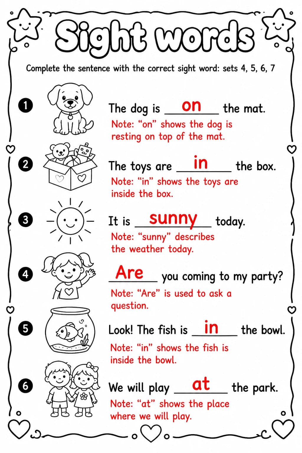 Answer key for Complete the sentence with the correct sight word: sets 4, 5, 6, 7 — free printable English & Reading worksheet