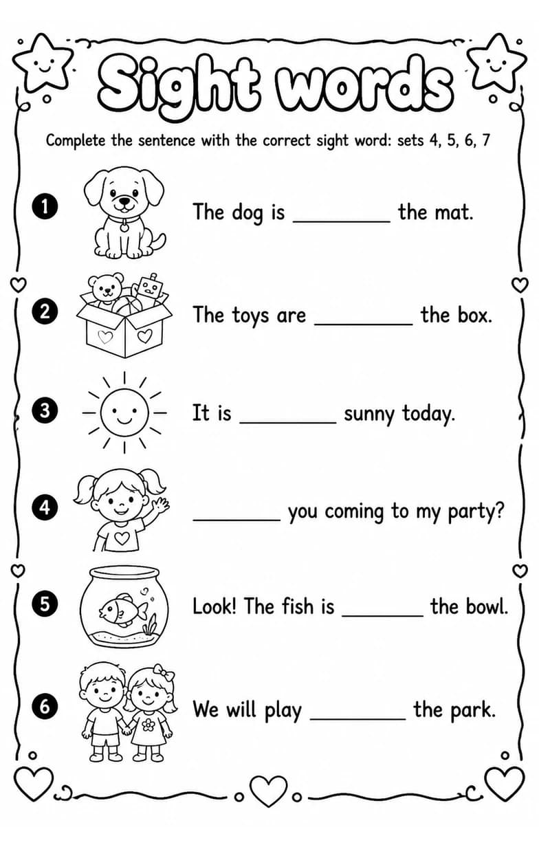 Complete the sentence with the correct sight word: sets 4, 5, 6, 7 — free printable Grade 1 English & Reading worksheet