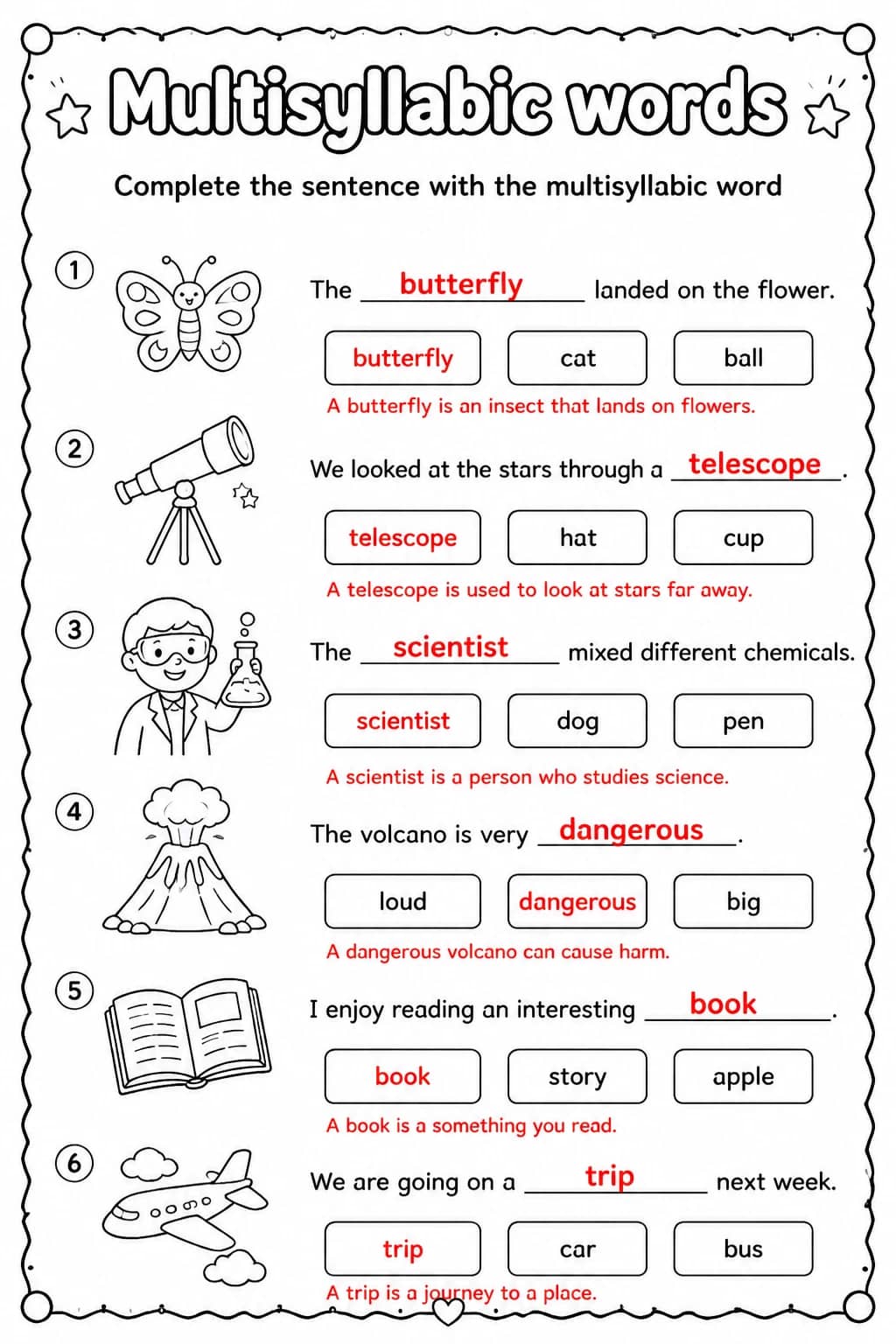 Answer key for Complete the sentence with the multisyllabic word — free printable English & Reading worksheet