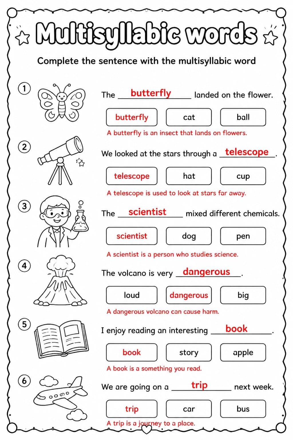 Answer key for Complete the sentence with the multisyllabic word — free printable English & Reading worksheet