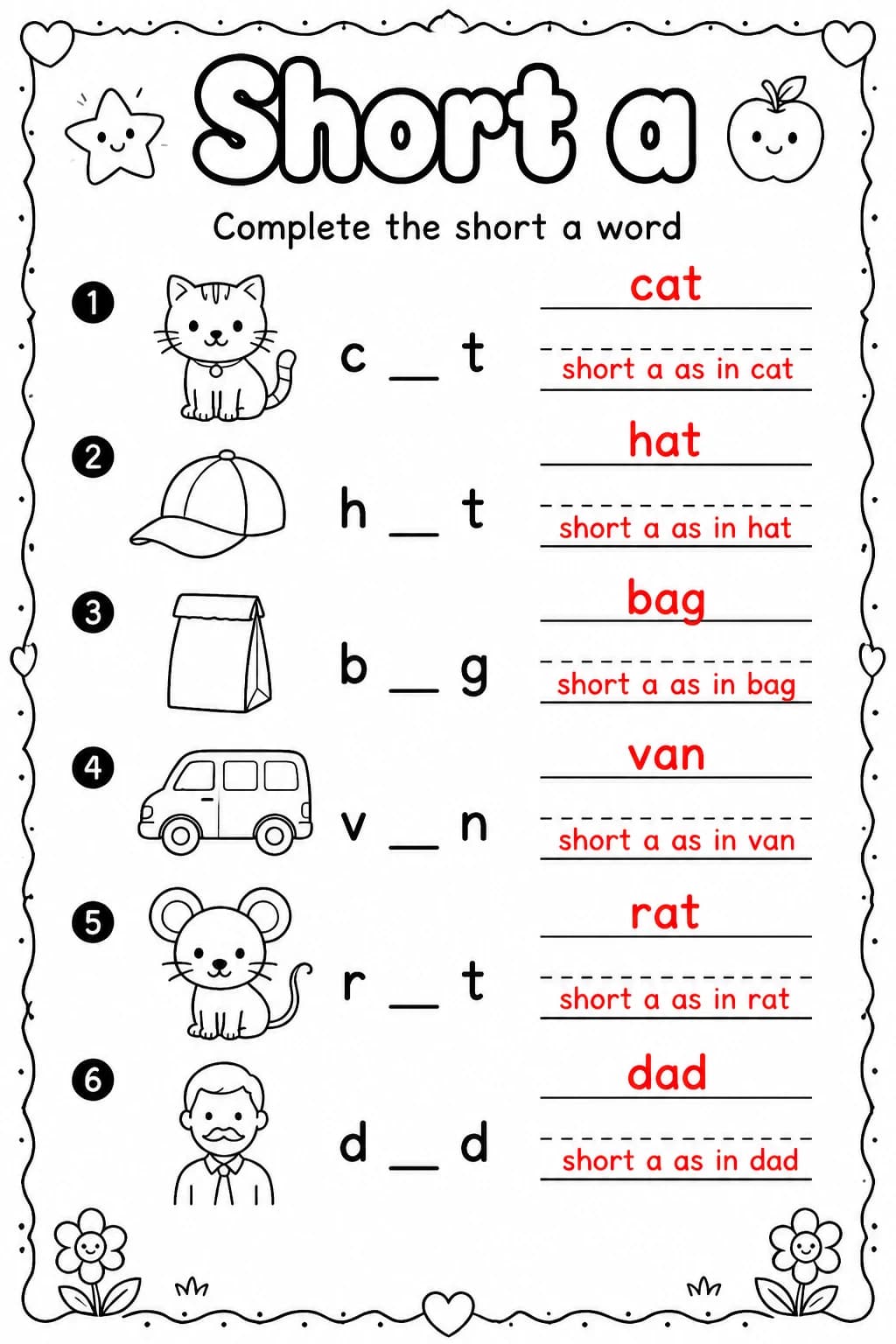 Answer key for Complete the short a word — free printable English & Reading worksheet