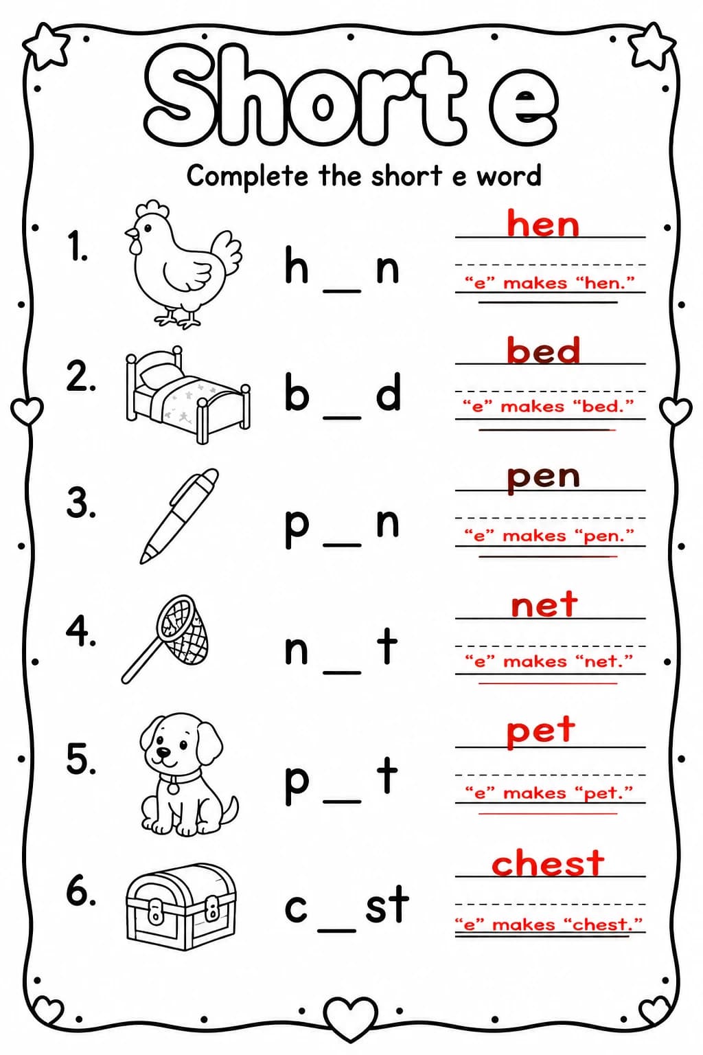 Answer key for Complete the short e word — free printable English & Reading worksheet