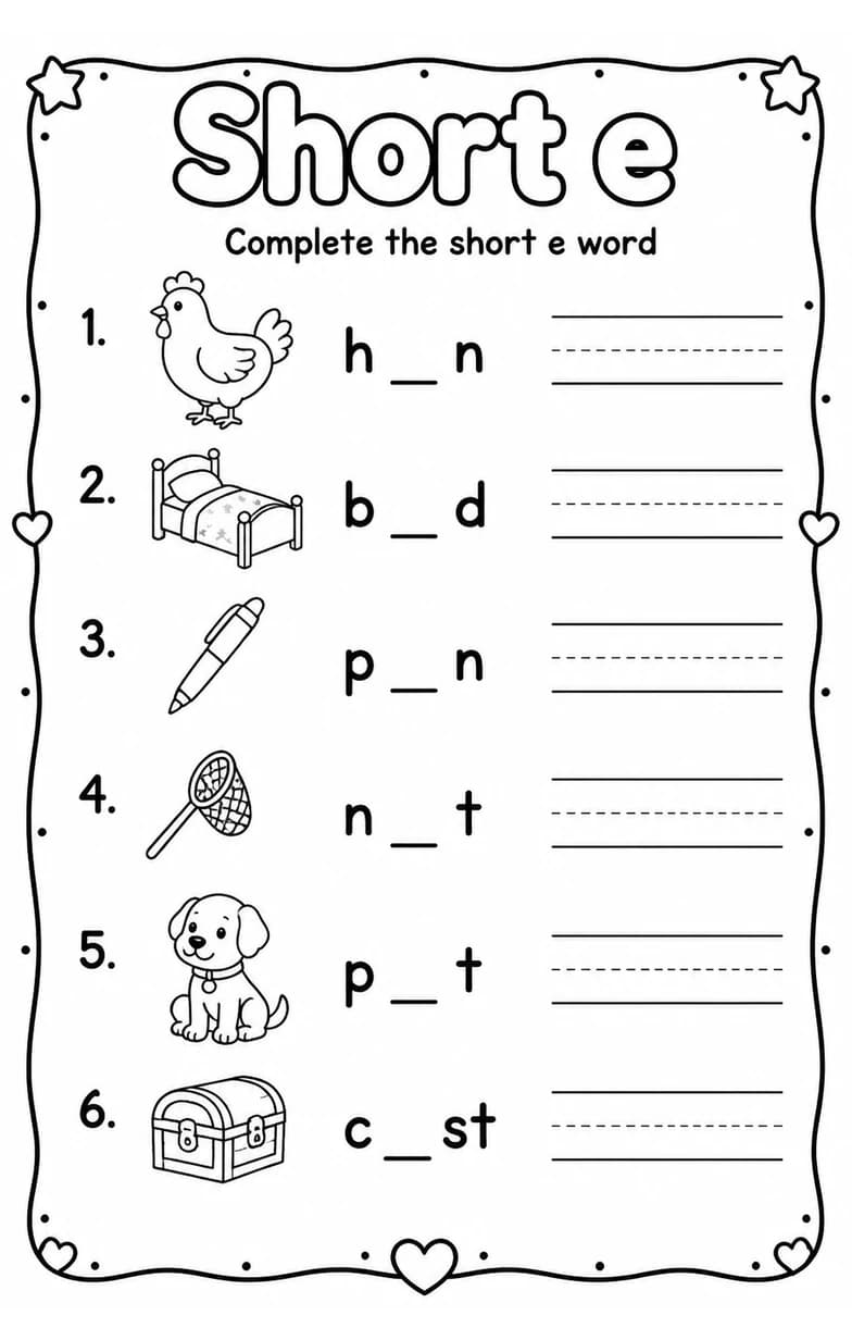 Complete the short e word — free printable Grade 1 English & Reading worksheet