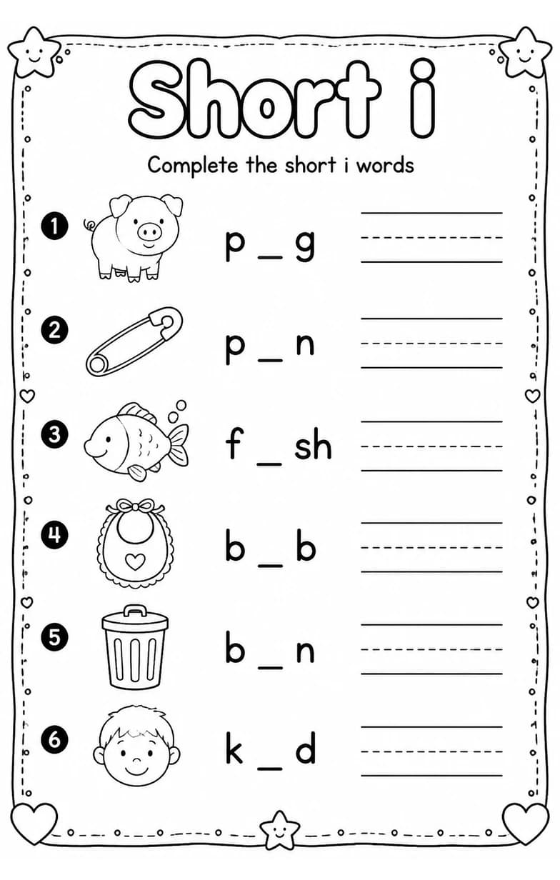 Complete the short i words — free printable Reading foundations English worksheet