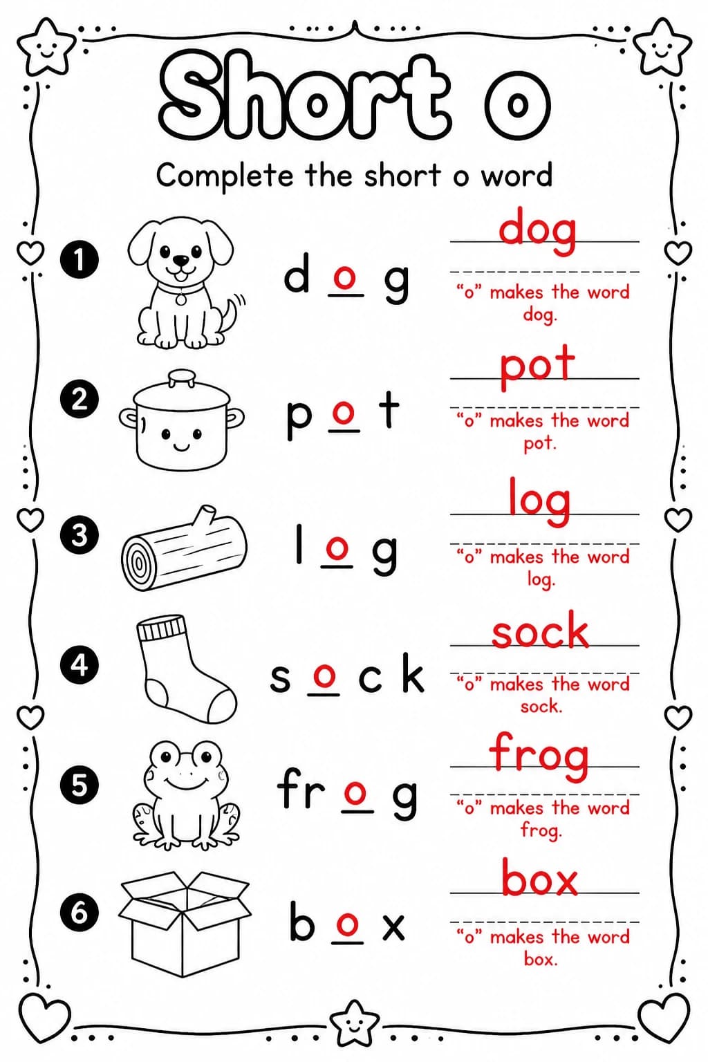 Answer key for Complete the short o word — free printable English & Reading worksheet