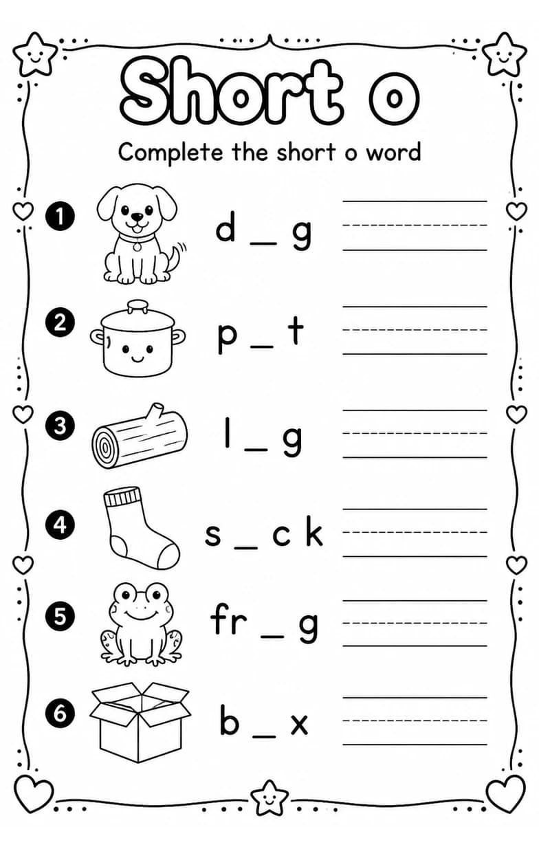 Complete the short o word — free printable Reading foundations English worksheet