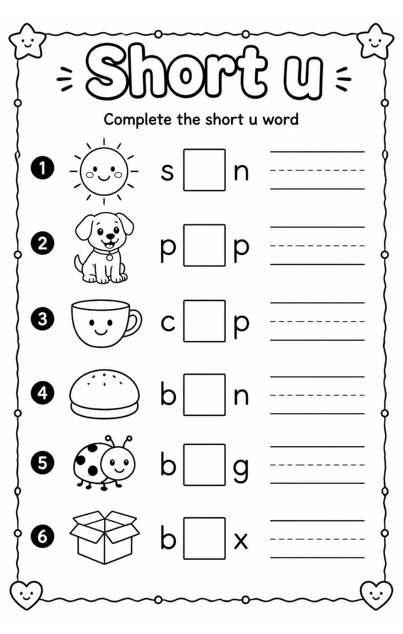Complete the short u word — free printable Reading foundations English worksheet
