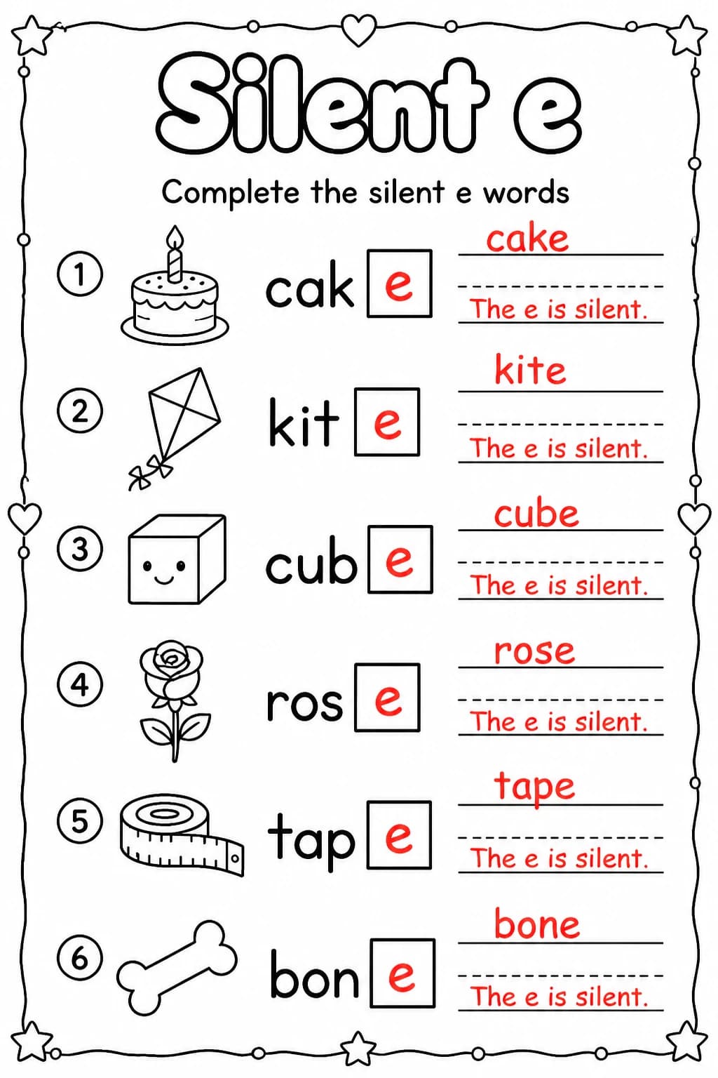 Answer key for Complete the silent e words — free printable English & Reading worksheet