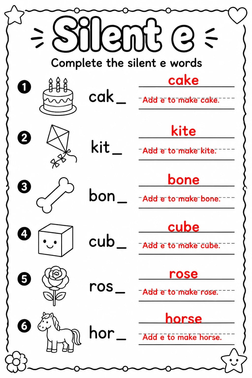 Answer key for Complete the silent e words — free printable English & Reading worksheet
