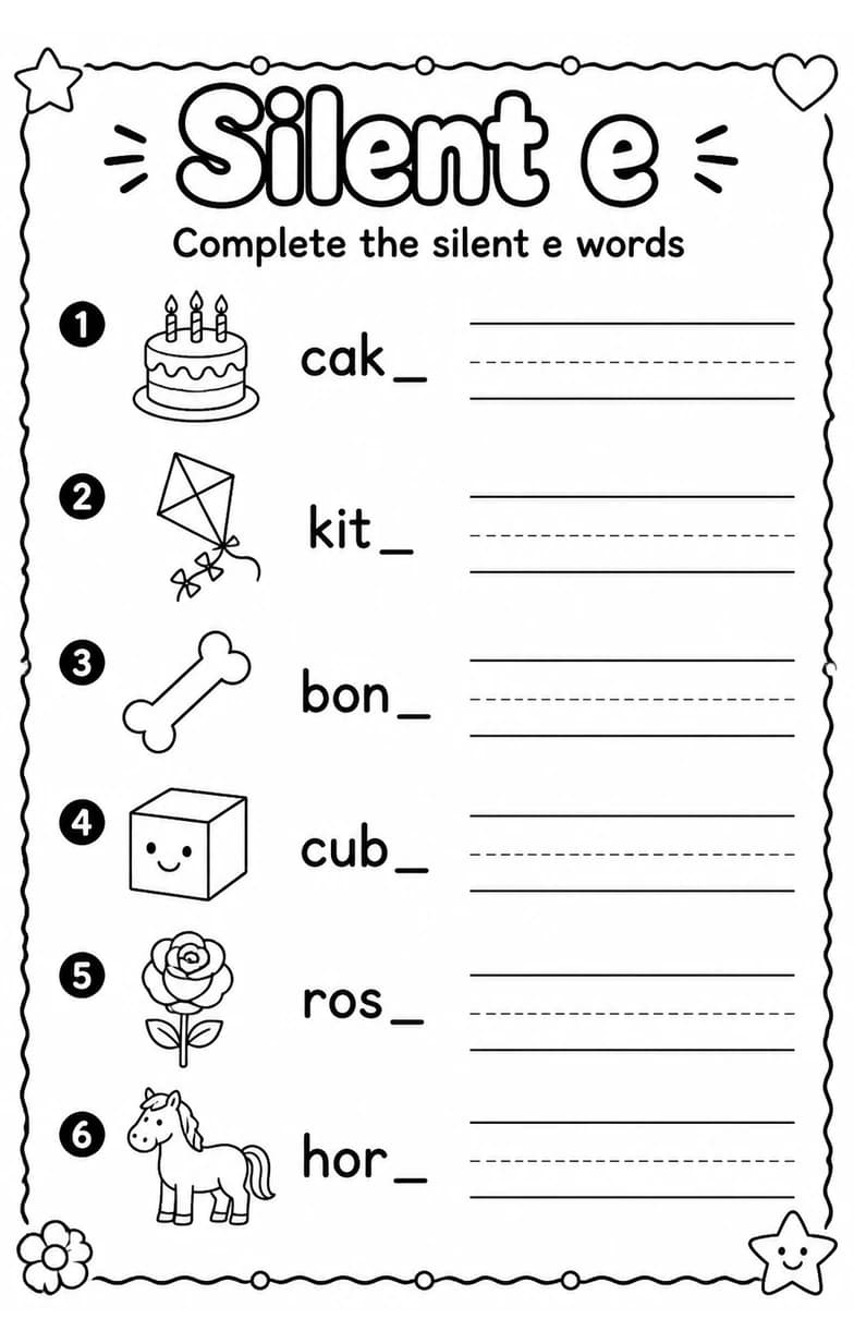 Complete the silent e words — free printable Reading foundations English worksheet