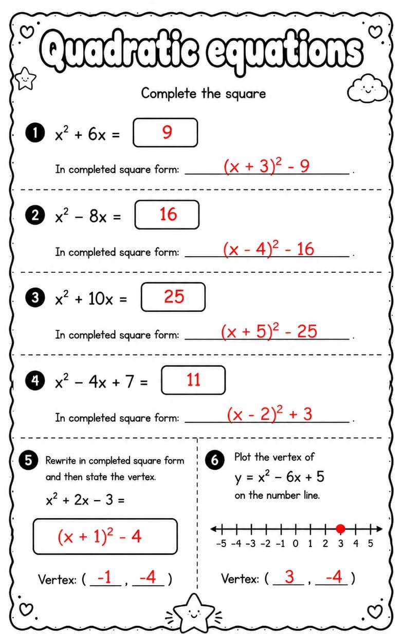 Answer key for Complete the square — free printable Math worksheet
