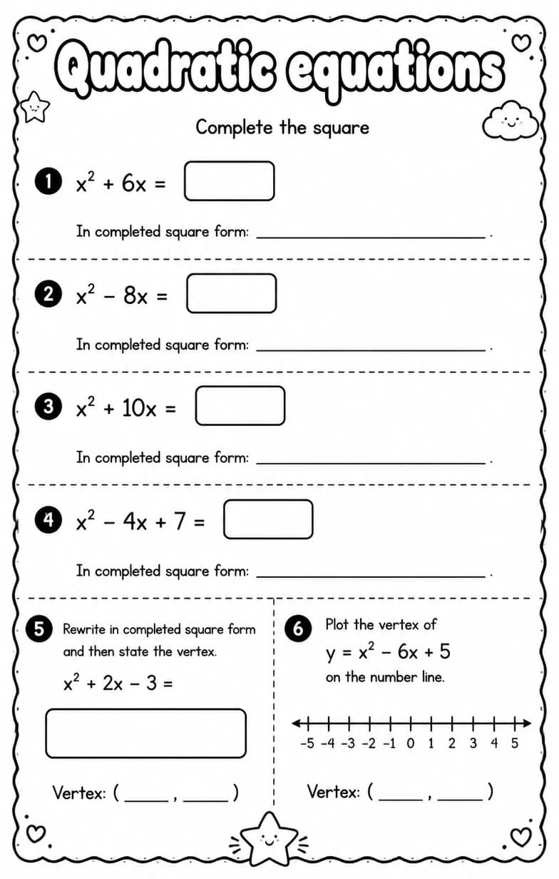 Complete the square — free printable Algebra 1 math worksheet