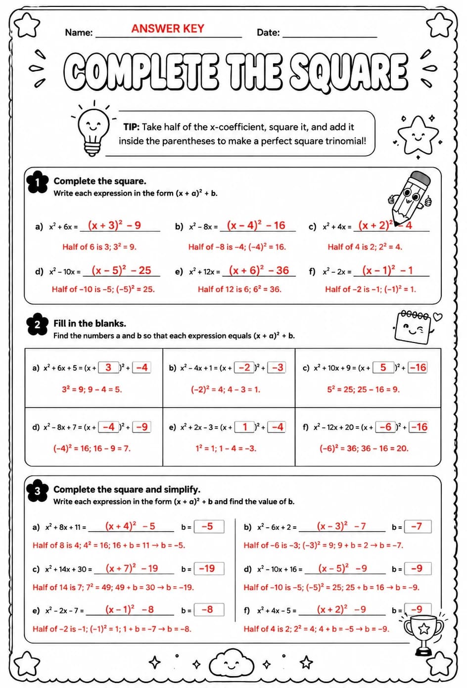 Answer key for Complete the square — free printable Math worksheet