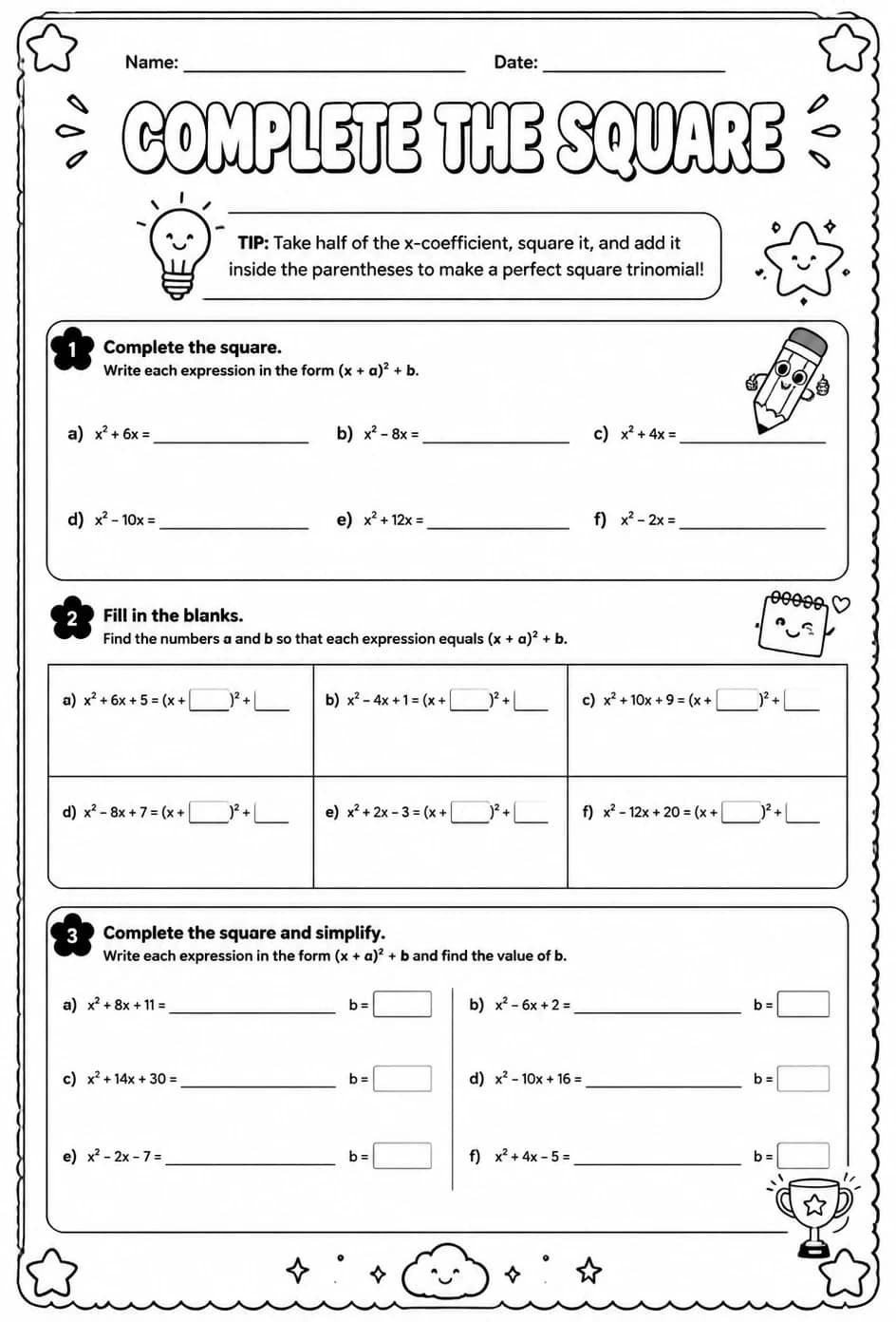 Complete the square — free printable Algebra 2 math worksheet