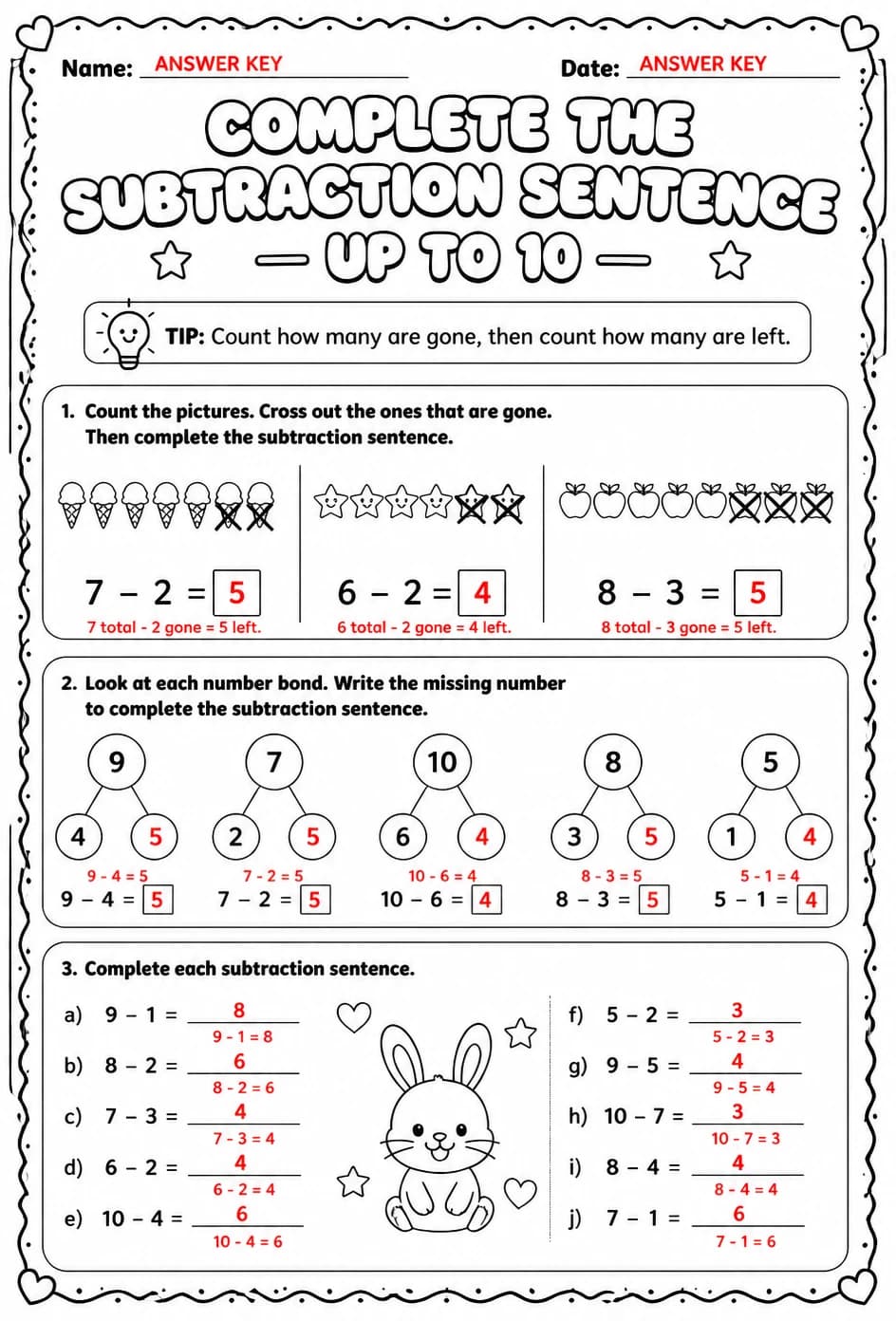 Answer key for Complete the subtraction sentence - up to 10 — free printable Math worksheet
