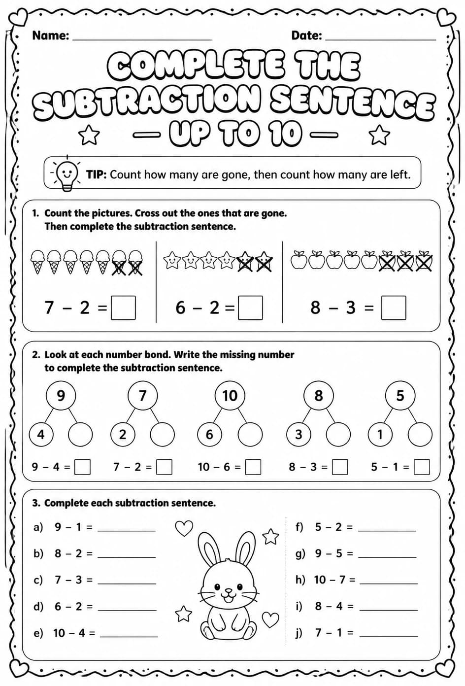 Complete the subtraction sentence - up to 10 — free printable Grade 1 math worksheet