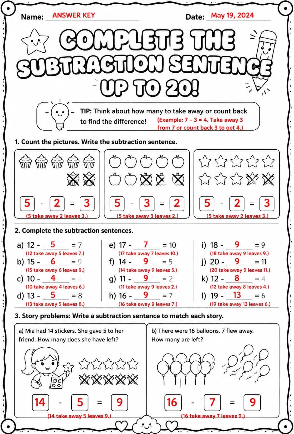 Answer key for Complete the subtraction sentence - up to 20 — free printable Math worksheet